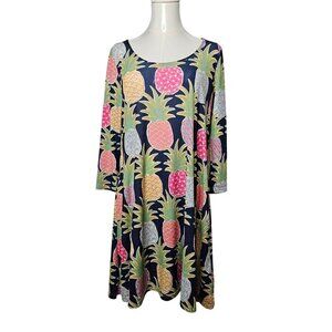 Simply Southern Small Pineapple Dress Navy Stretch Knit Sharkbite Hem Tropical